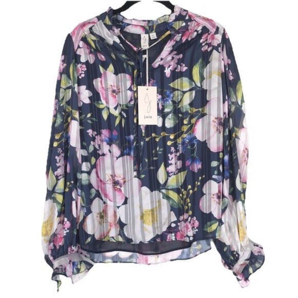 NWT Joie Women's Floral Ruffle Wrist Top Blouse S/P Pleated Tie V Neck Sheer - Picture 1 of 9